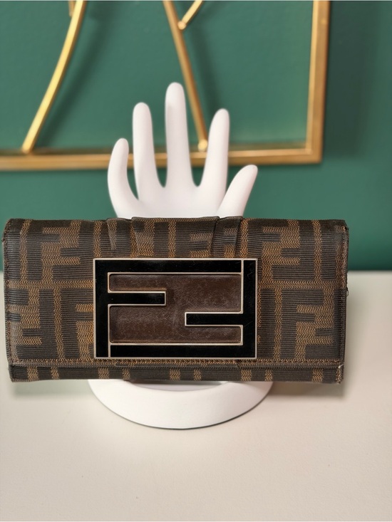 Fendi Handbags - Fendi Brown Zucca Continental Wallet with Black Logo Plaque